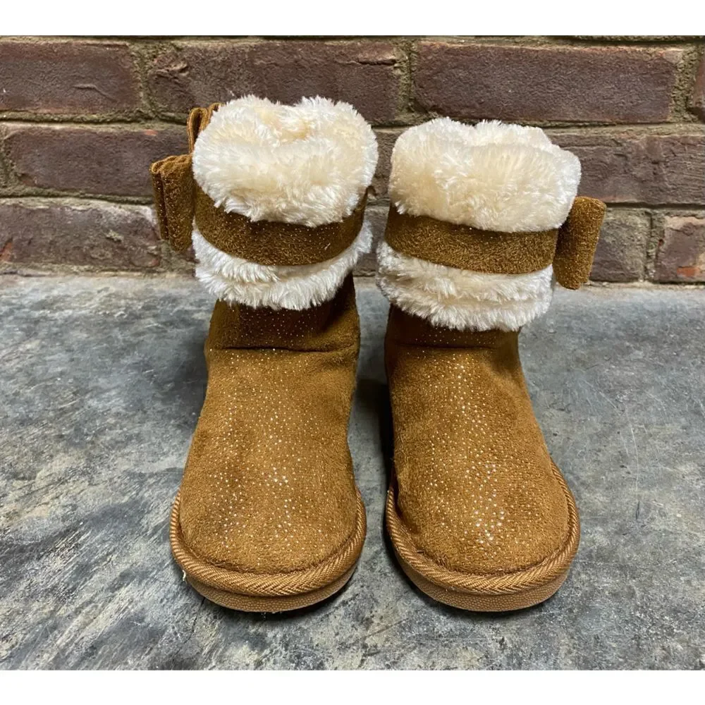 Kenzie Girl Tan w/Glitter Faux Fur Faux Suede Slip-On Bootie Size 1